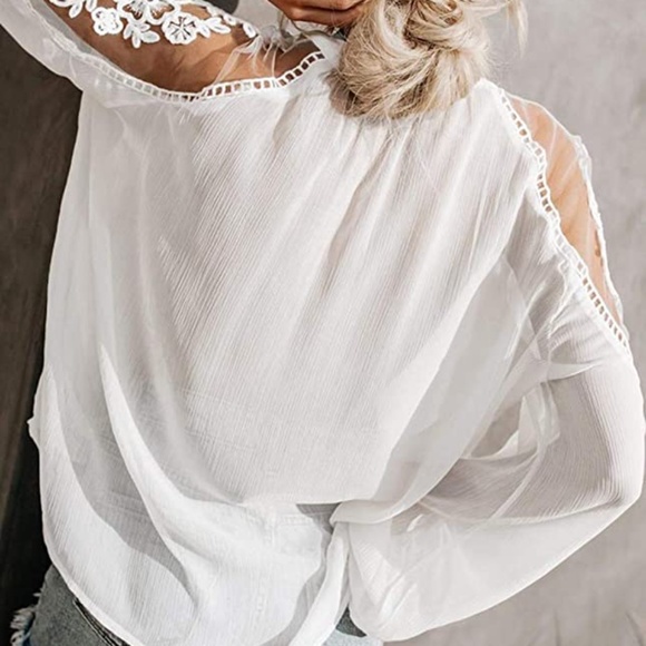 NWOT - Womens V Neck Crochet Lace Tops white Loose Puff Long Sleeve chiffon boho - Picture 2 of 6